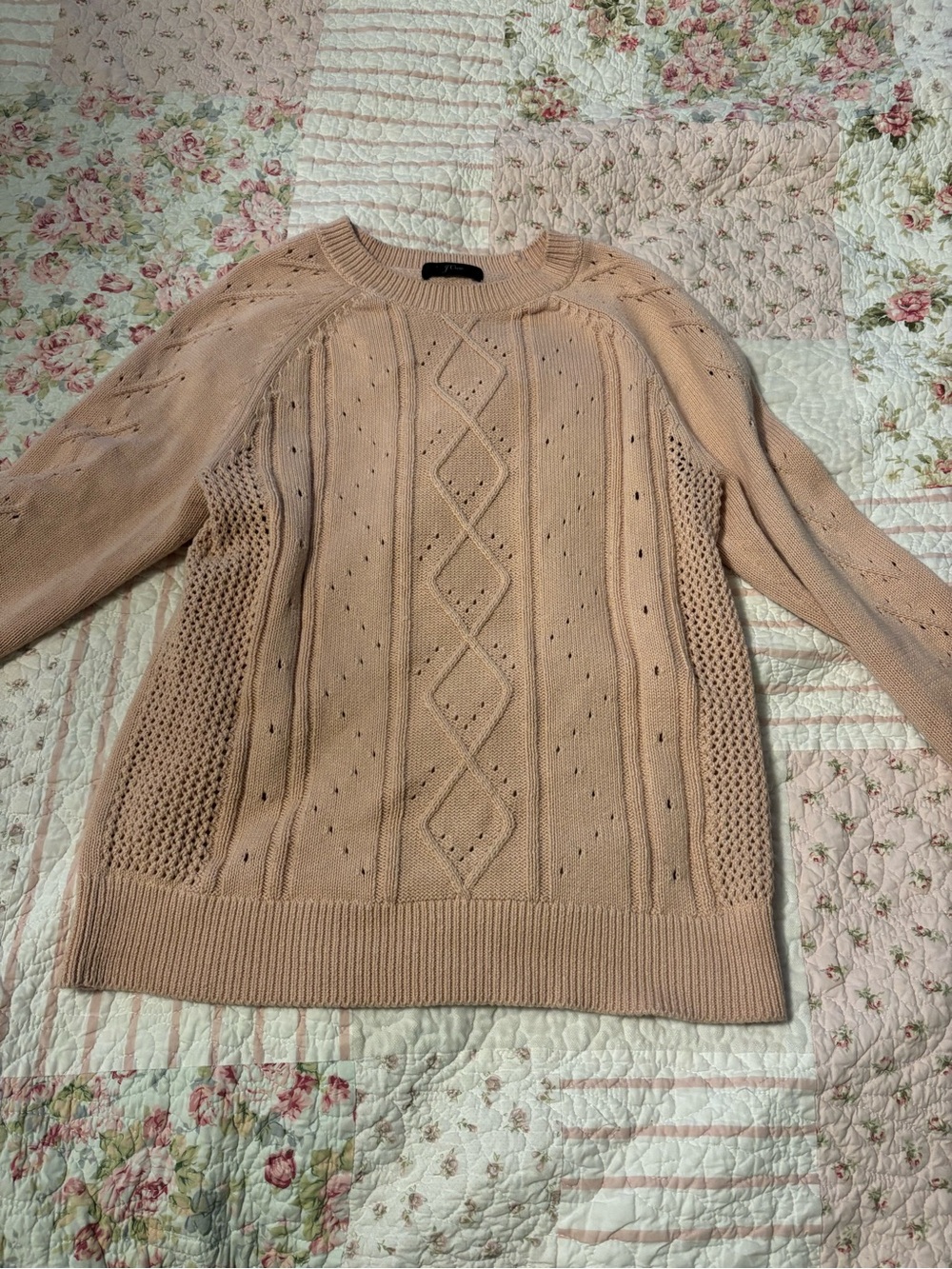 J. Crew Blush Pink Cable & Eyelet Knit Sweater